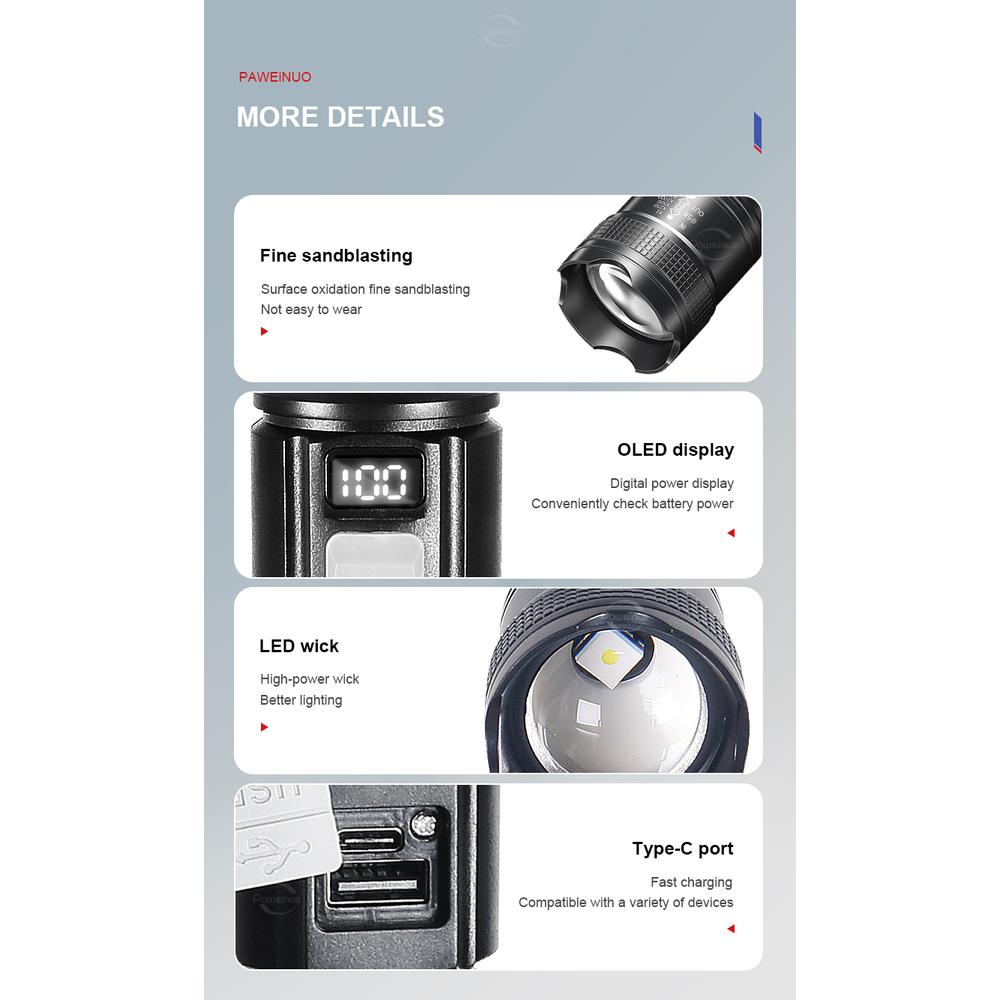 Rechargeable LED Flashlight Zoomable Torch with LCD Display 3 Modes Waterproof High Power Hand Light Outdoor Wilderness Camping