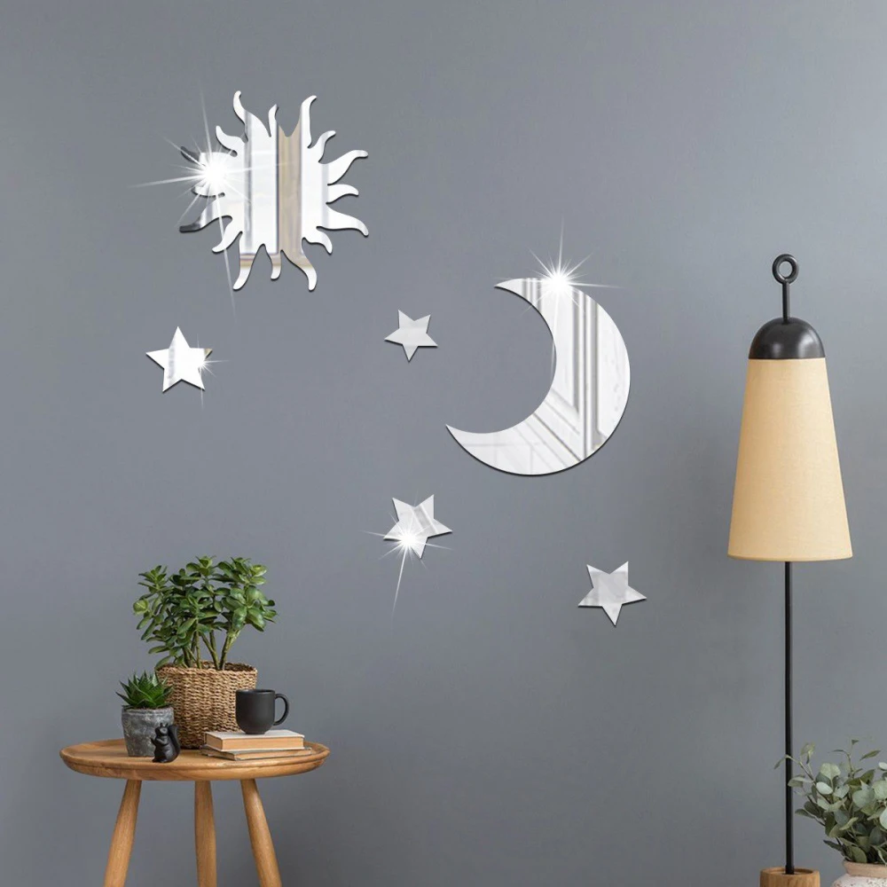 6 pçs estrela lua combinação espelho acrílico estéreo auto adesivo diy quarto sala de estar pode ser removido adesivos de parede