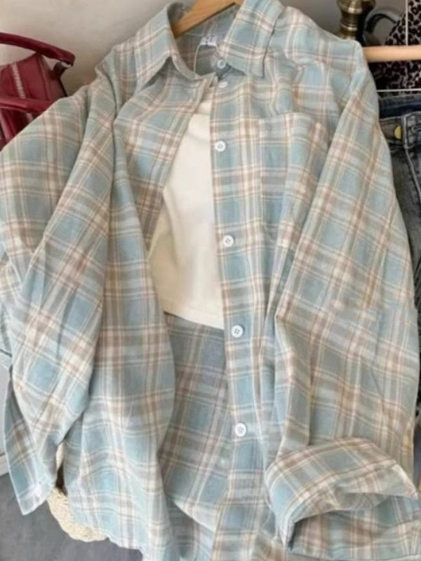 Csa de Manga Longa em Xadrez de Aodão 00% Puro Tamanho ande Fena Estilo Solto Moda Proteção Solar Estilo Artístico