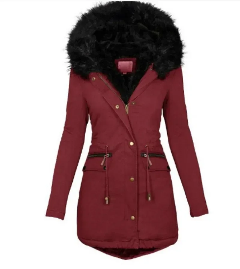 Nueva chaqueta ajustada y delgada para mujer, abrigo de algodón con cremallera cálida de longitud media con capucha y cuello de lana de Color sólido para mujer