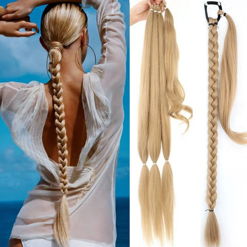 30 นิ้วถักหางม้ายางสังเคราะห์ DIY สีบลอนด์ Braids ผมปลอมหางม้าสําหรับผู้หญิงยาว Braid Horse TAIL Extensions