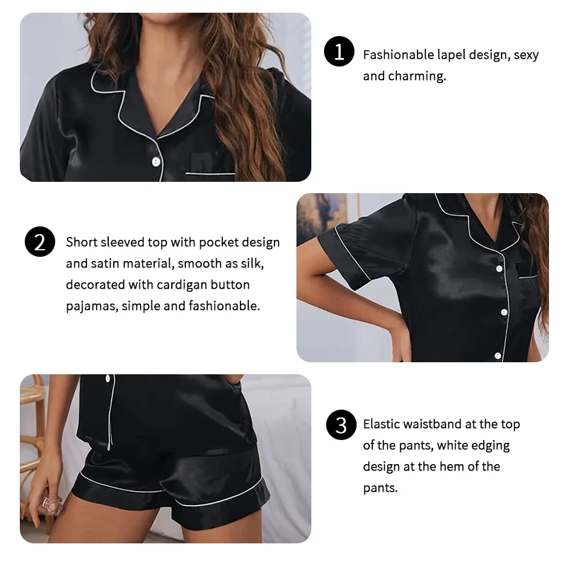 Conjunto de pijamas de satén para mujer, Tops y pantalones cortos con botones, traje de pijama de 2 piezas, ropa de dormir para mujer, ropa de descanso para verano