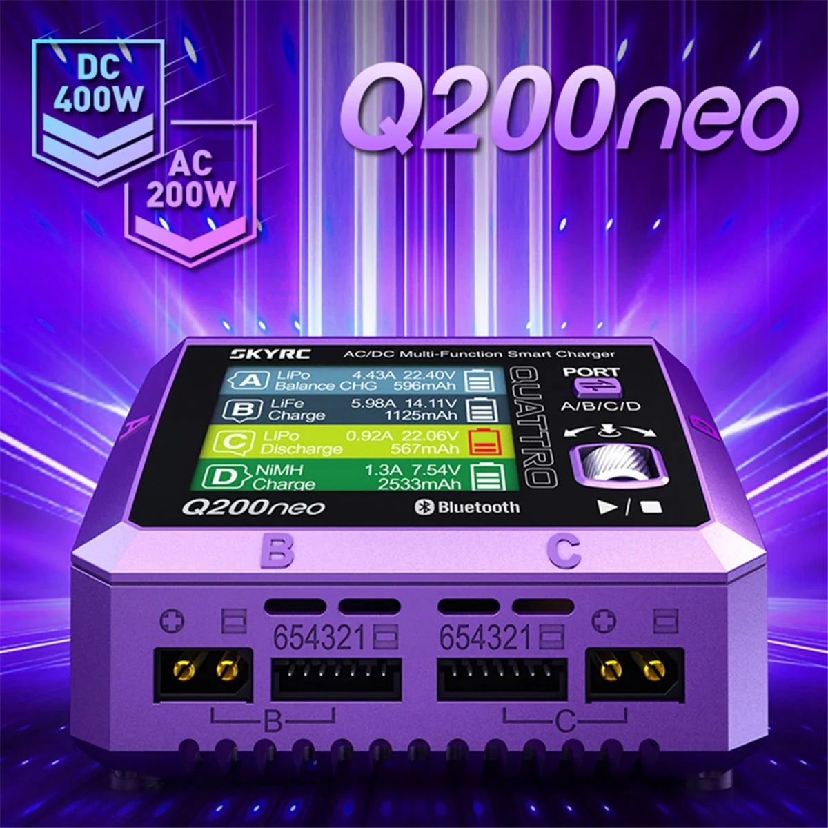 Pengisi Daya T06C-SkyRC Q200neo AC 200W DC 400W 10A 4 Port Output AC/DC Pelepasan Pengisi Daya Seimbang Pintar untuk 1-6S LiPo 20W PD3.0,US