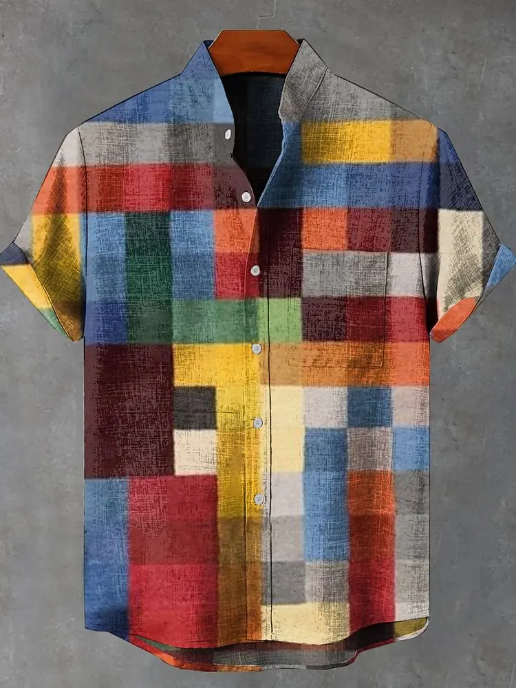 2025 New Hot selling Men's Irregular Pattern Printed Casual Street Wear Retro Linen Stand up Collar Short Sleeve Shirt