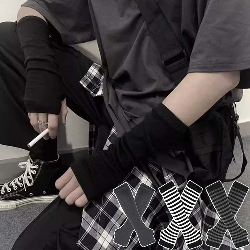 Перчатки с длинными рукавами в стиле панк, регулируемые эластичные митенки без пальцев с полосками и интервалом, зимние нейлоновые рукава, крутые рукава