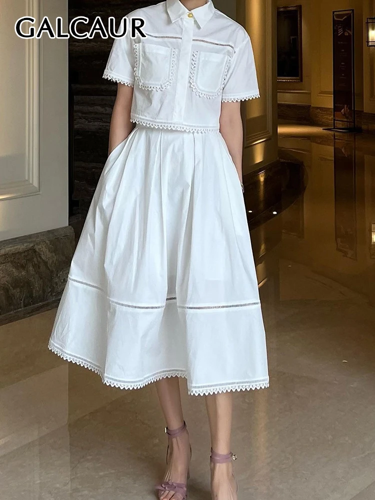GALCAUR Elegante Tweedelige Sets Voor Vrouwen Revers Korte Mouw Tops Hoge Taille Een Lijn Geplooide Rokken Effen Set Vrouwelijke Zomer 2023