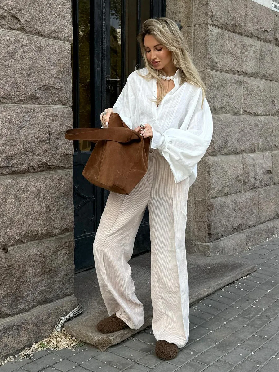 Bornladies Baumwolle Damen Neue Retro-Hose mit weitem Bein, lockere Passform, Cord, hohe Taille, trendige Herbst-Winter-Modehose