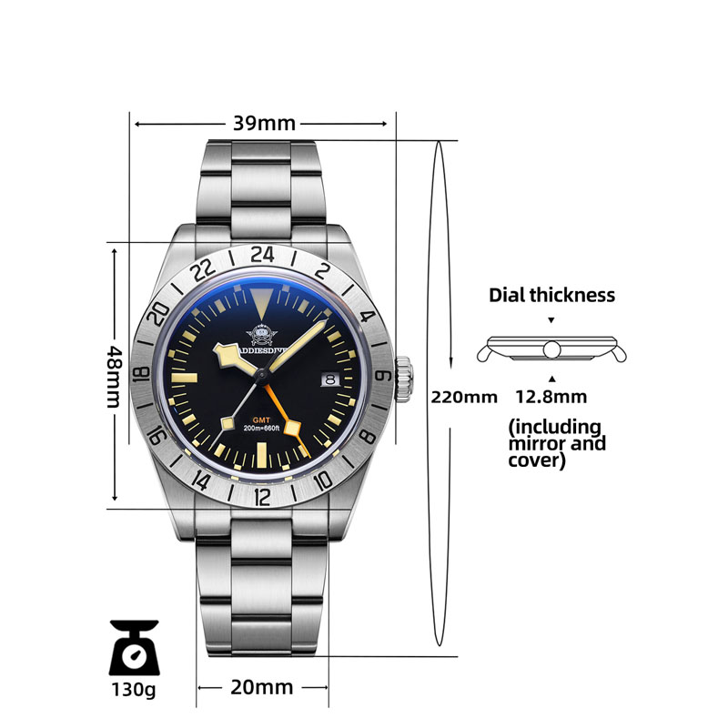 ADDIESDIVE GMT นาฬิกาผู้ชาย 39mm DIVER Luminous ปฏิทินสแตนเลส 20ATM นาฬิกาควอตซ์ Reloj Hombre
