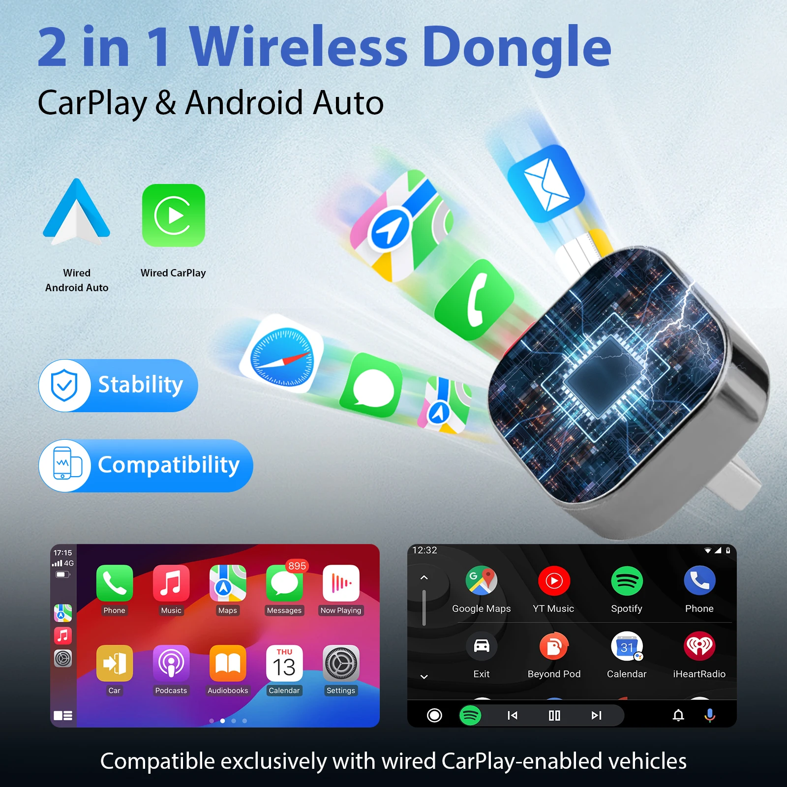 Nuevo Adaptador CarPlay inalámbrico Pionray 2 en 1 y adaptador inalámbrico automático Android, 5Ghz WiFi tipo C/USB Plug Play CarPlay inalámbrico