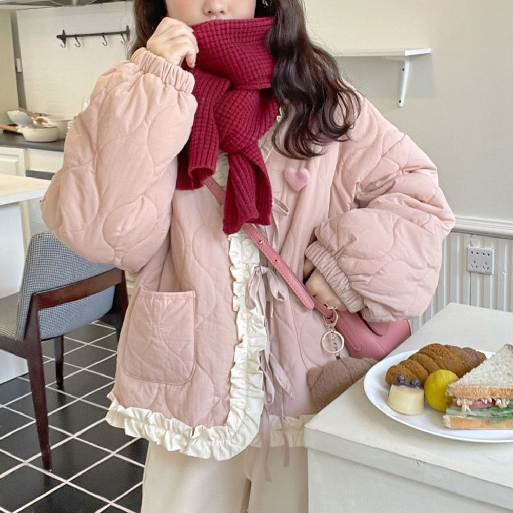 Zoete Ruches Roze Y 2K Trendy Lolita Parkas Japanse Veterjas Kawaii Katoen Vrouwen Winter Pluche Warm Vintage Casual Outwear