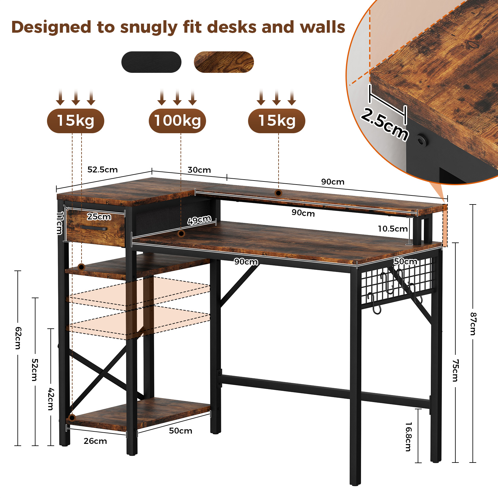 Oak & Tea Corner Desk L-Shape 120cm PC table with Adjustable Shelves & Vintage Design, office/Gaming table