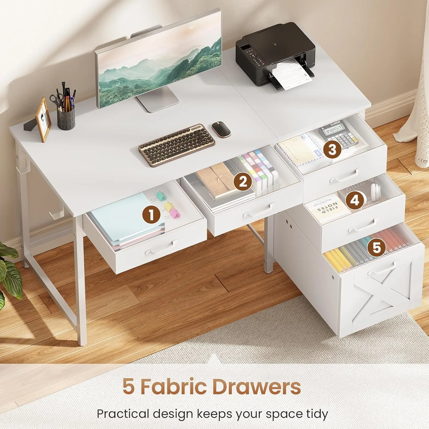 Office Desk with 5 Fabric Drawers, Computer Desk with Drawers,Farmhouse Desk with Headphone Hooks for Home Office (39 inch)