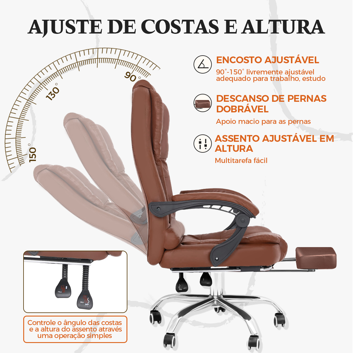 Cadeira giratória Python Fly em marrom escuro, cadeira giratória presidencial, com apoio para os pés e encosto ajustável.