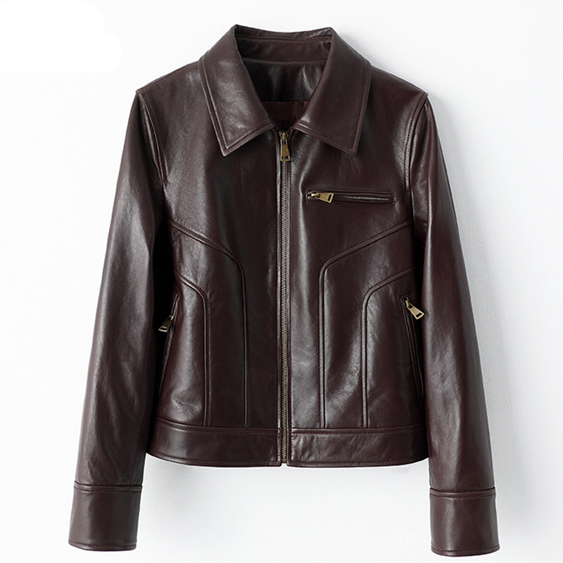 Vintage koffiekleurige echte leren damesjassen 2025, nieuwe lente, casual, eenvoudige vrouwelijke motorfiets, echte schapenvacht jasjassen