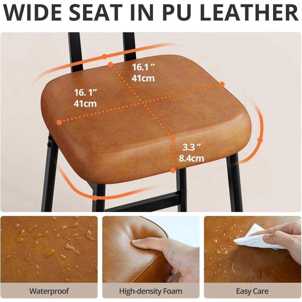 30" Counter Height Bar Stools (Set of 2): Modern PU Leather, Rattan Back, Wide Seat