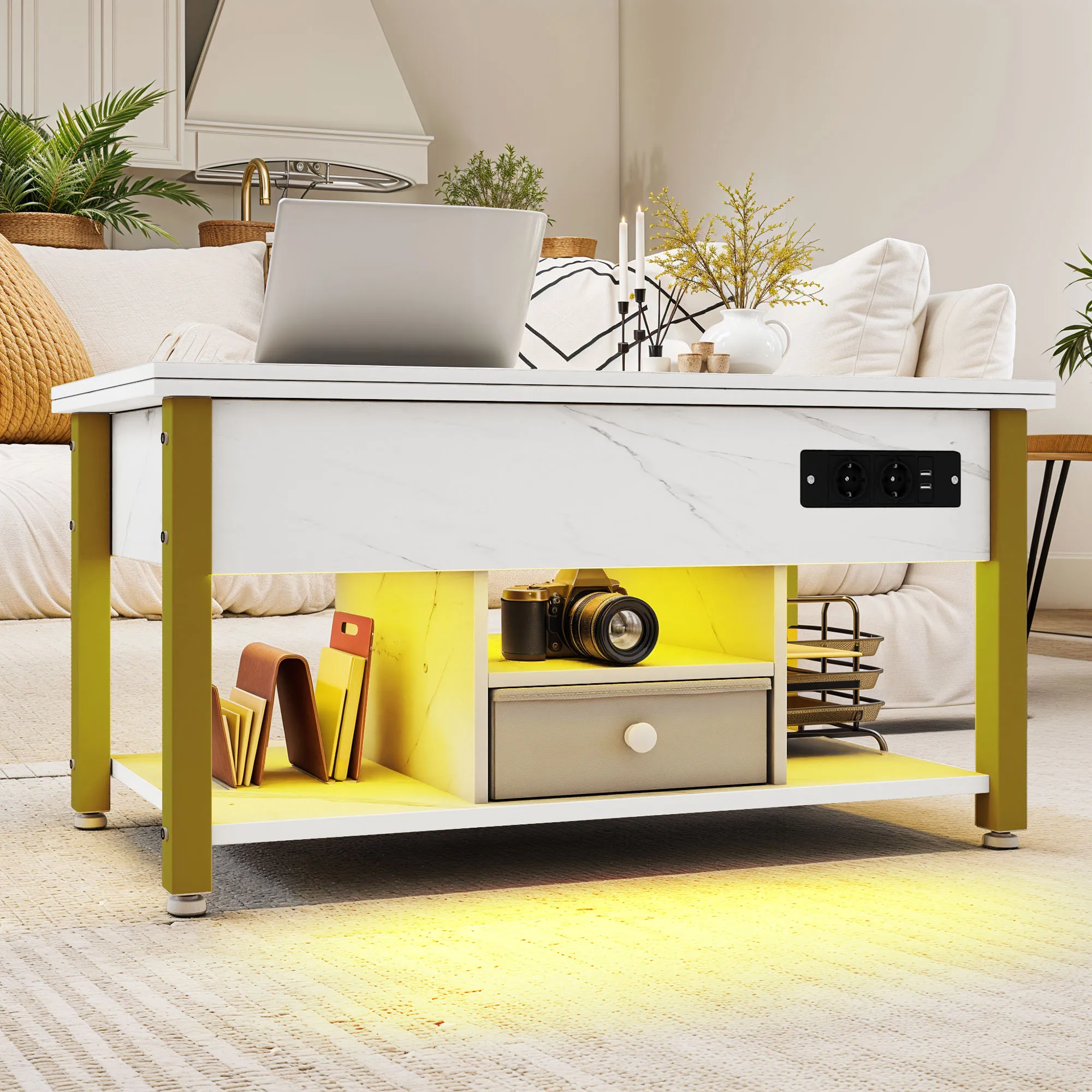 YITAHOME 4-in-1-Couchtisch aus weißem Marmor – höhenverstellbar, wandelt sich um einen Esstisch mit Stauraum und LED-Beleuchtung um