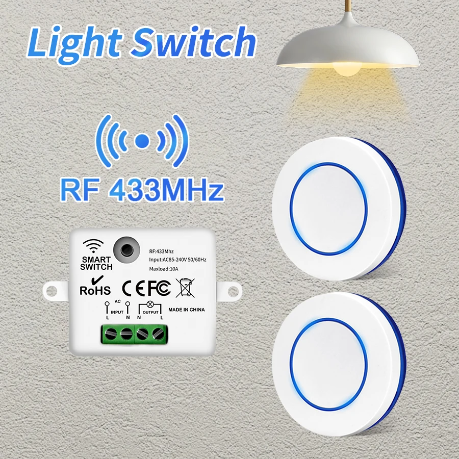 Interruptor de luz inalámbrico de 433MHz, 220V, 110V, 10A, interruptor de relé, Control remoto, Mini interruptor de botón redondo para el hogar, lámpara LED, interruptor de pared