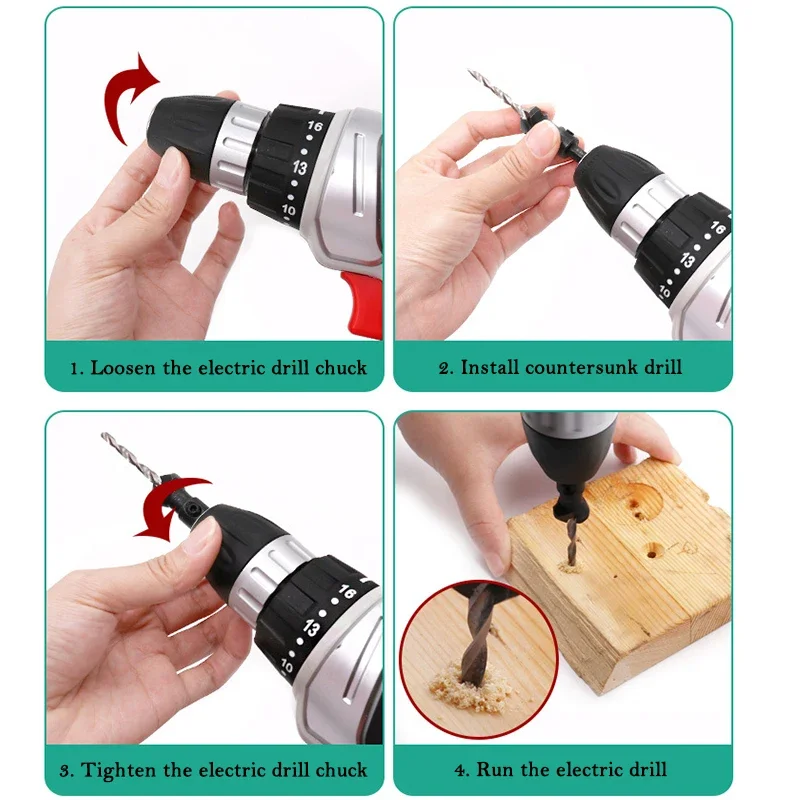 5pcs Woodworking Hole Opener Set HSS with 1/4 Inch Hexagonal Countersink Drill Bit Taper Hole Drilling Reaming Chamfering Tools