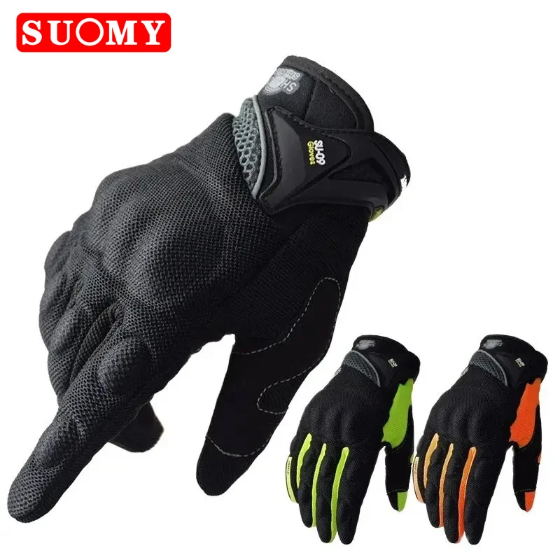 SUOMY ถุงมือมอเตอร์ไซค์แบบเต็มนิ้วระบายอากาศได้ดี ตกแต่งอย่างมีสไตล์ ถุงมือสวมใส่ Antiskid ขนาดใหญ่ XXL สีดํา