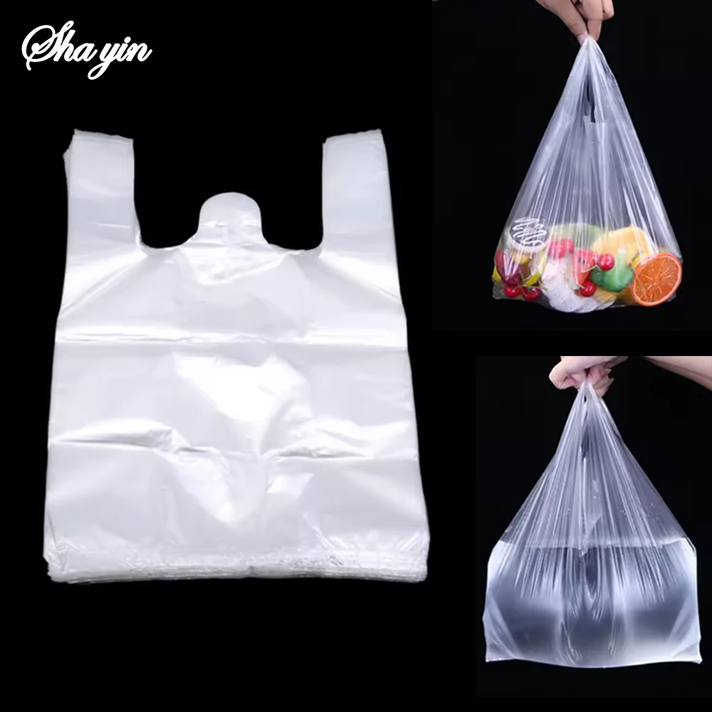 Kunststoff-Einkaufstasche, 100 Stück, transparente Einkaufstasche, Supermarkt-Plastiktüten mit Griff, Lebensmittelverpackung