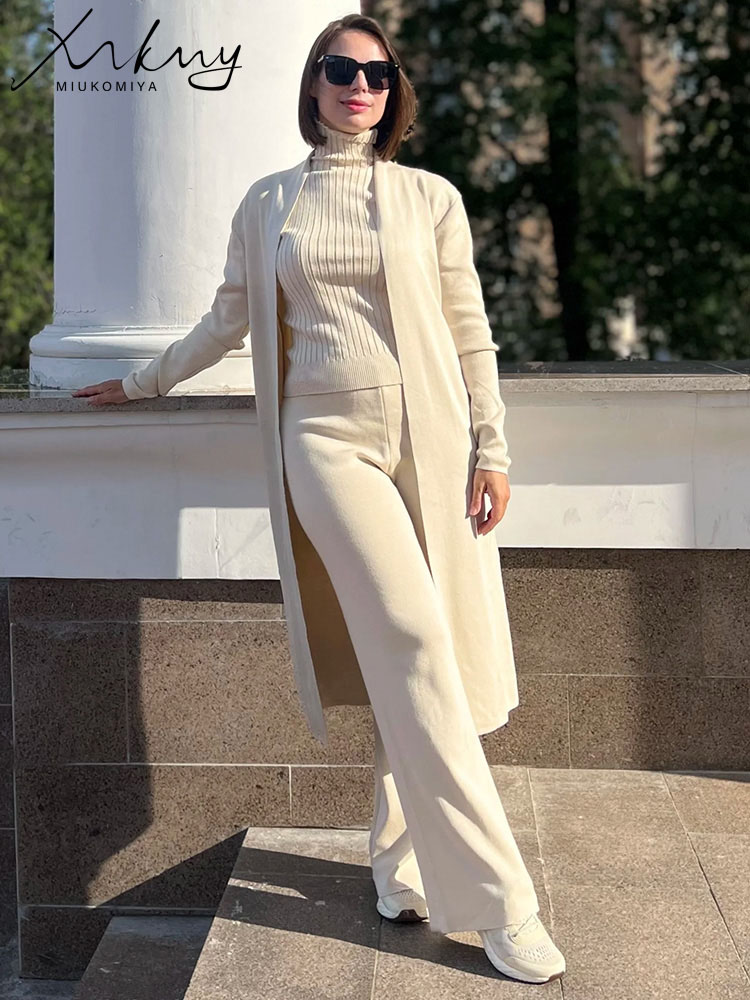 春 3 点セット衣装女性ニットスーツパンツセットカーキタートルネックベストロングカーディガンルーズ 3 ピーススーツ女性のための