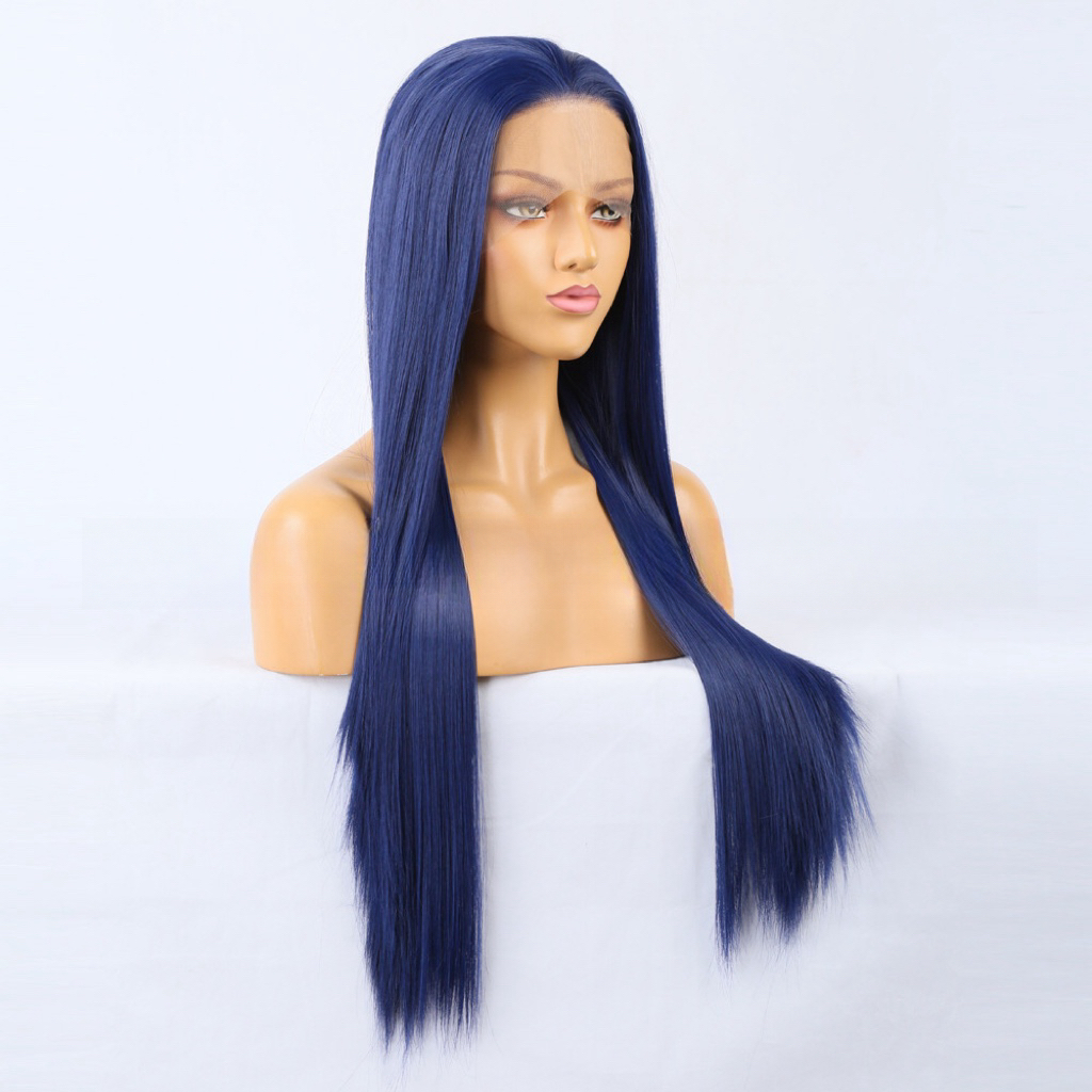 Peruca azul reta peruca dianteira do laço sintético perucas sem cola pronta para usar longo peruca de cabelo azul perucas de renda de cabelo sintético para mulher