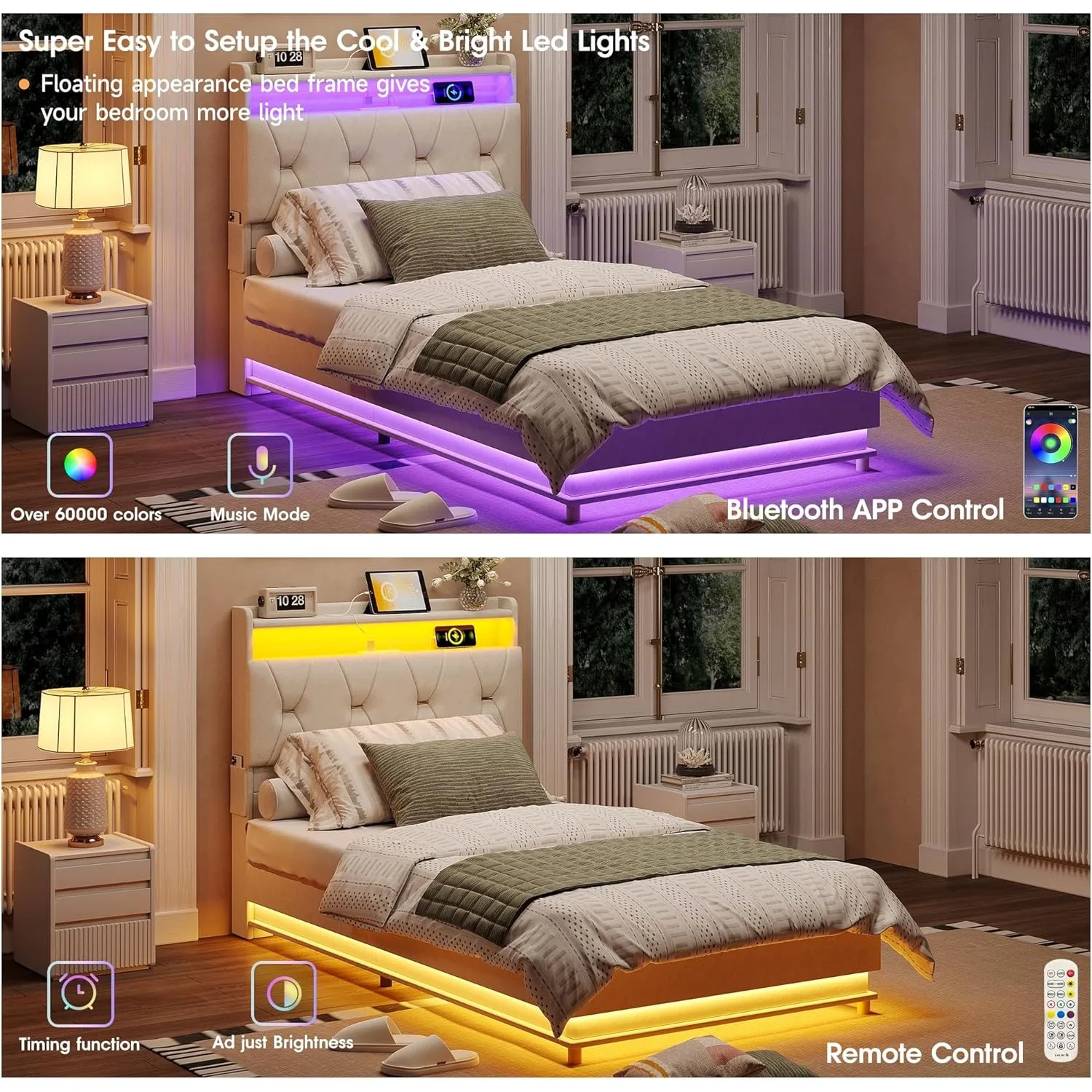 Twin Size Lift Up Bed Frame, Storage Headboard with Charging Station, LED Lights Upholstered Platform Bed, No Box Spring Needed