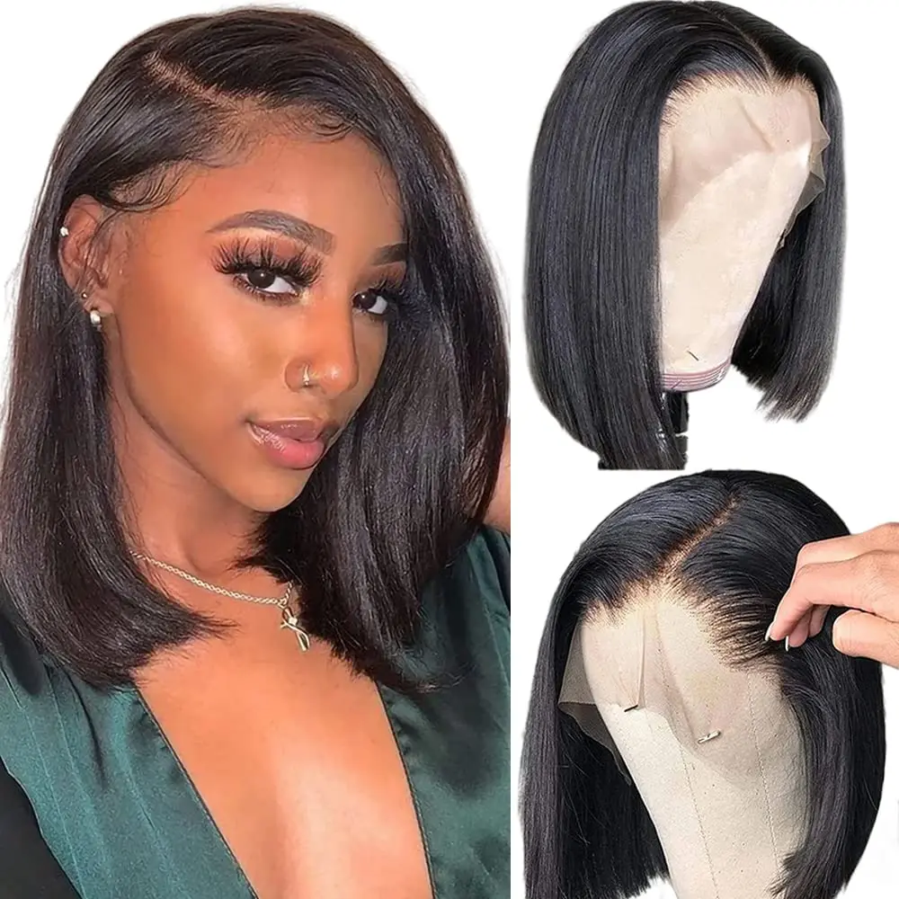 Bob peruca de cabelo humano 13x4 peruca dianteira do laço 180% densidade curto em linha reta frontal bob peruca renda transparente pré arrancado com cabelo do bebê