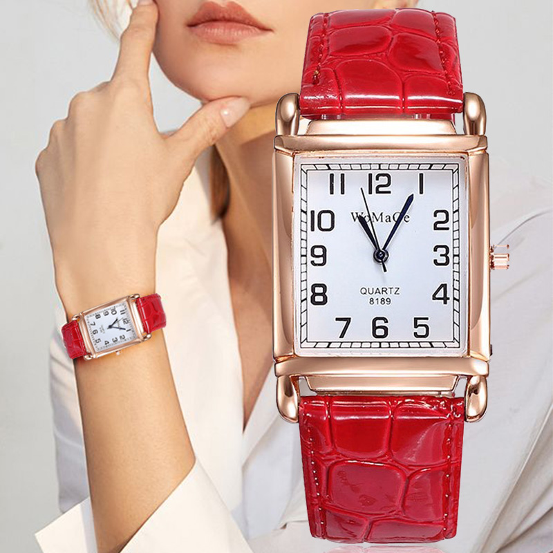 Mode Dameshorloges Luxe Metaal Rose Goud Vierkant Dames Quartz Horloge Rechthoek Rood Leer Vrouwelijke Klok