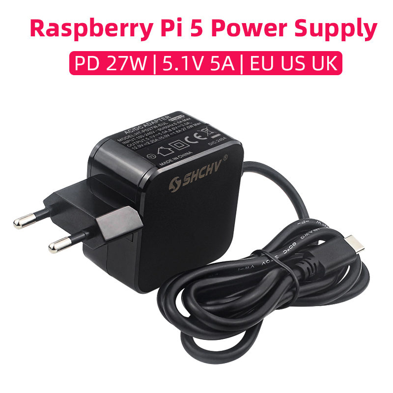 Fonte de alimentação Raspberry Pi 5 PD 27W 5.1V 5A USB Type-C Adaptador de alimentação UE EUA Reino Unido Plug para RPI 5 Pi5
