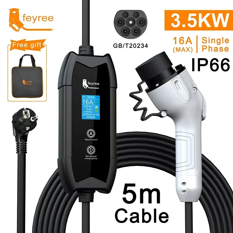 Feyree EV cargador portátil Type2 16A 3.5KW monofásico ajuste de corriente y tiempo de retardo de configuración con enchufe Schuko para vehículo eléctrico