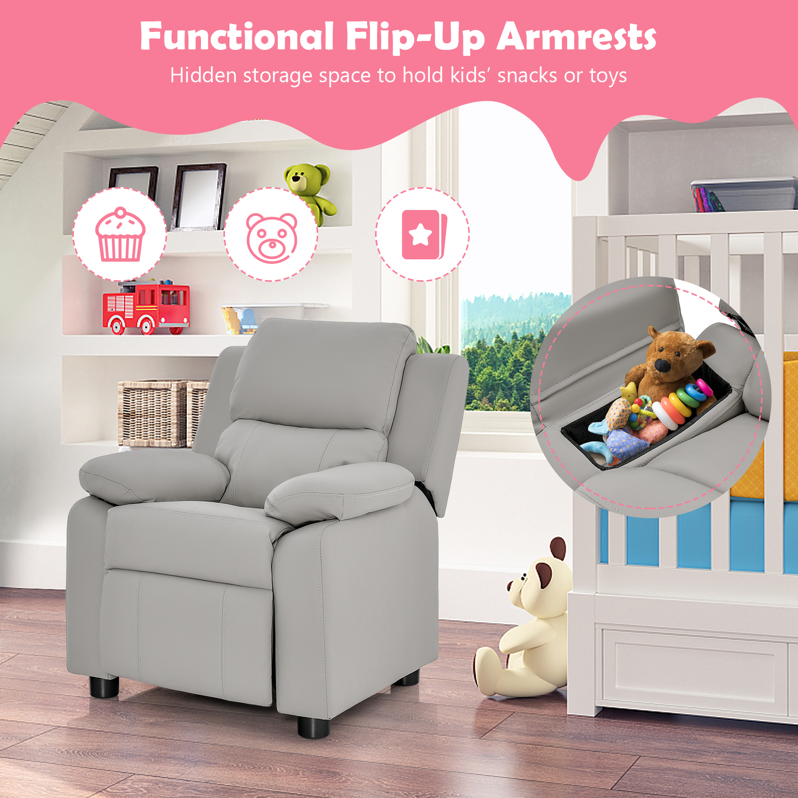 GOFLAME Recliner Chair, PU Leather Toddler Sofa Chair w/ Armrest Storage, Adjustable Backrest & Footrest