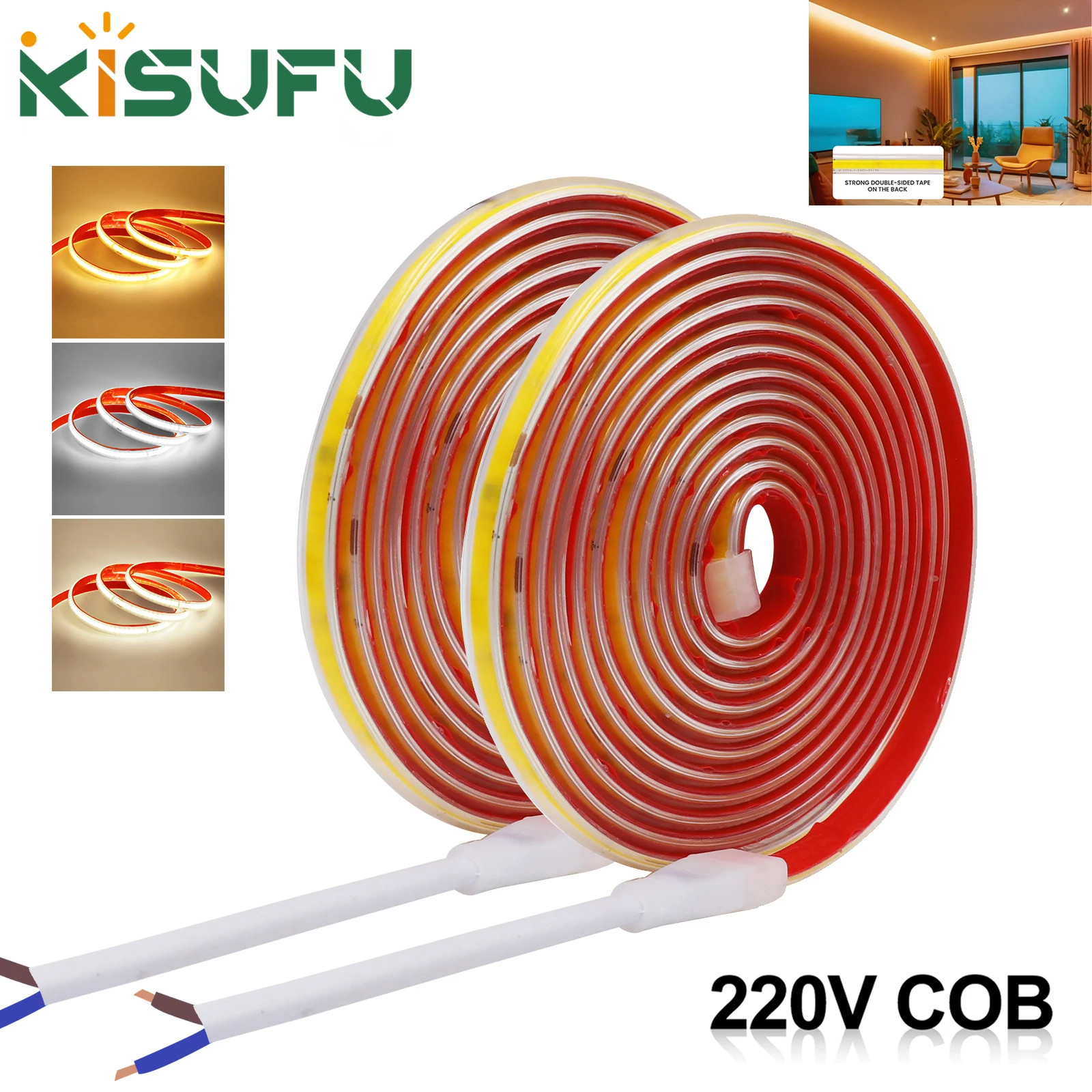 AC 220V COB Strip 240Leds/M IP65 Wodoodporna 3000K 4000K 6000K Elastyczna taśma LED Light 10CM Samoprzylepna taśma diodowa