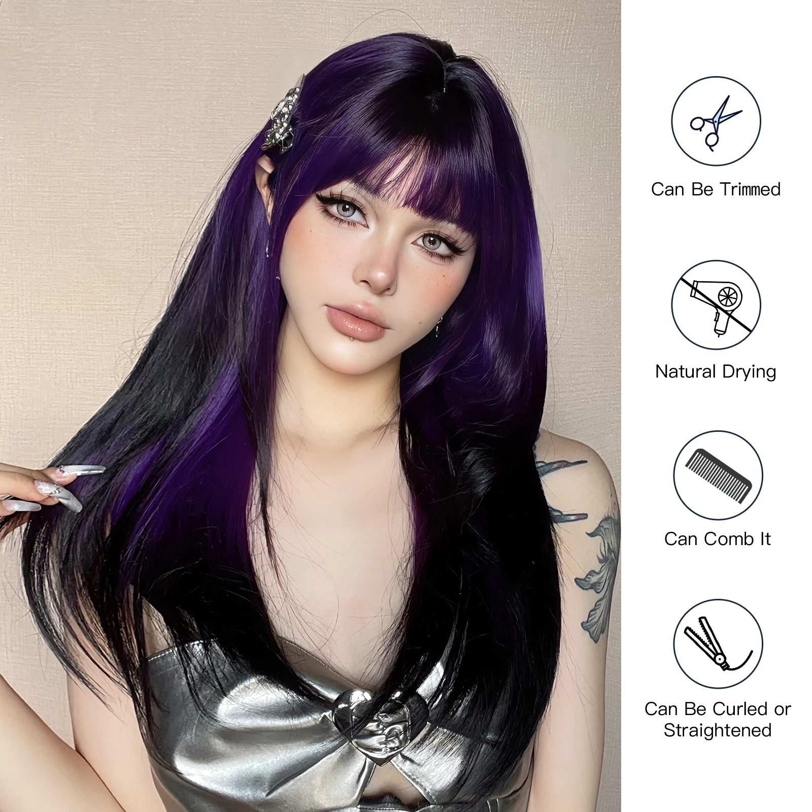 Peluca sintética larga y recta para mujer, color negro y morado, con flequillo, color morado, ombré, en capas, para fiesta, cabello Natural resistente al calor