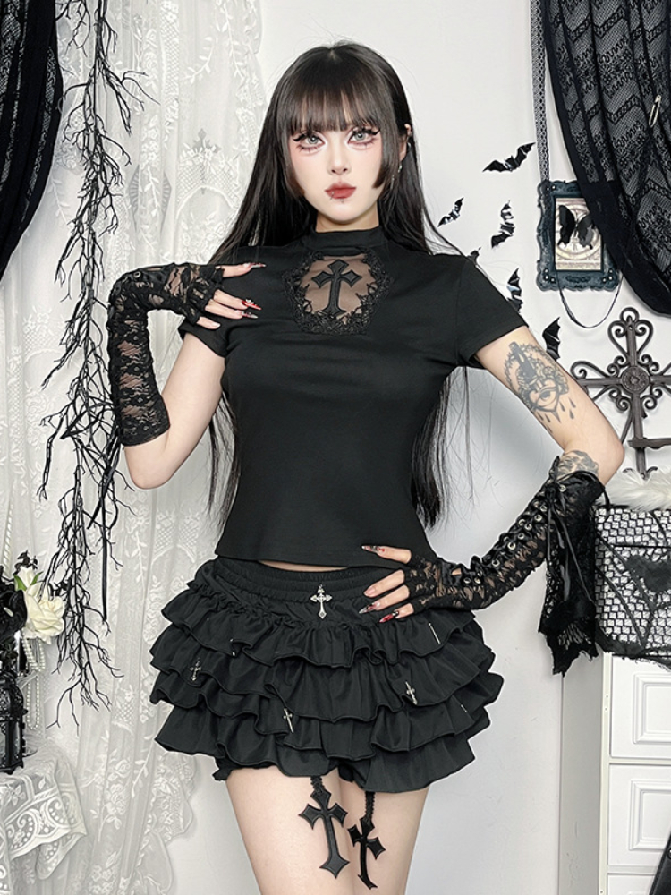 AltGoth Mall 여성용 고스 케이크 반바지, 핫스위트 Y2k E-girl 하라주쿠 크로스 펜던트 퀼로트, 미적 페어리코어 귀여운 카와이 반바지