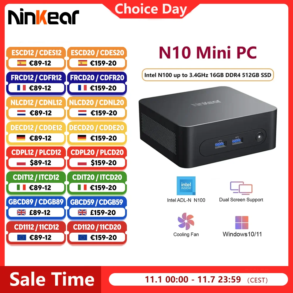 Ninkear N10 Mini PC Komputer Intel N100 do 3,4 GHz 16 GB DDR4 512 GB SSD WIFI HDMI 2.0 * 2 Obsługa podwójnego ekranu WIindows 11 / Linux