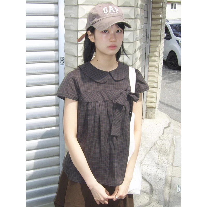 Vintage Plaid Shirts Frauen Japanischen Harajuku Bogen Peter Pan Kragen Blusen Sommer Koreanische Ästhetischen Kurzarm Casual Tops Neue