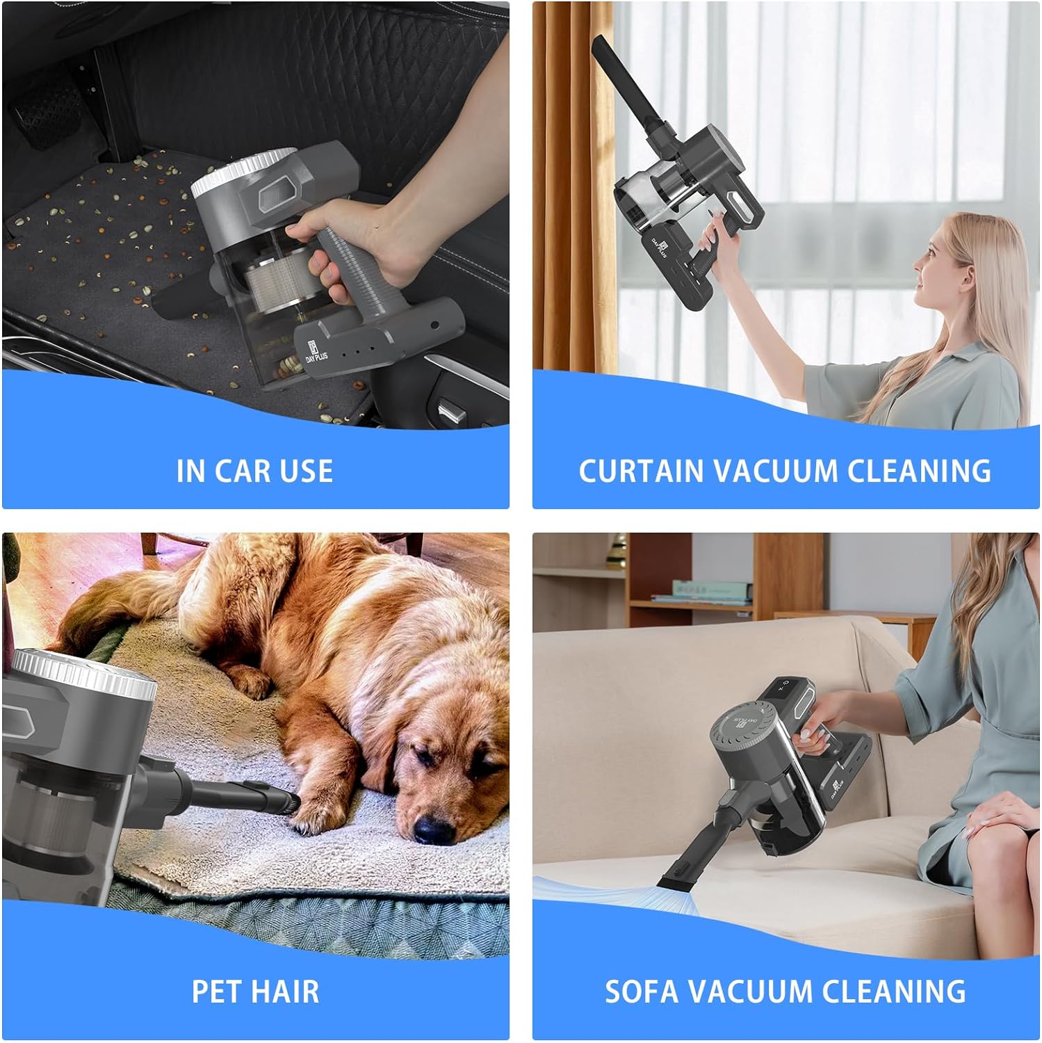 DayPlus Cordless Stick Handheld Vacuum Cleaner,15000PA 6 in 1 with LED Light+2 HEPA Filters+2000mAh 6-Cells Battery,Pet,Crevice