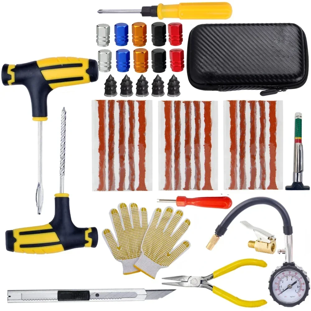 Kit de reparo de pneus de carro, ferramentas de plugue de punção, emergência para tiras de pneus, kit de ferramentas de reparo de cola, acessórios de carro