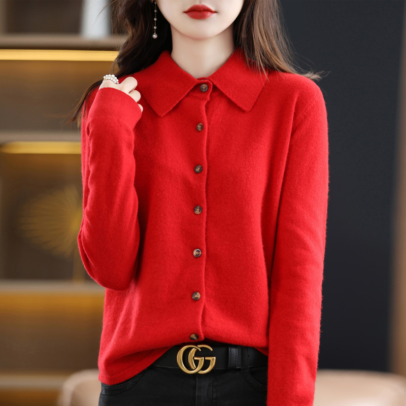 Primavera e outono inverno polo pescoço lã camisa de malha com solto camisola de manga comprida cardigan temperamento lapela casaco de fundo