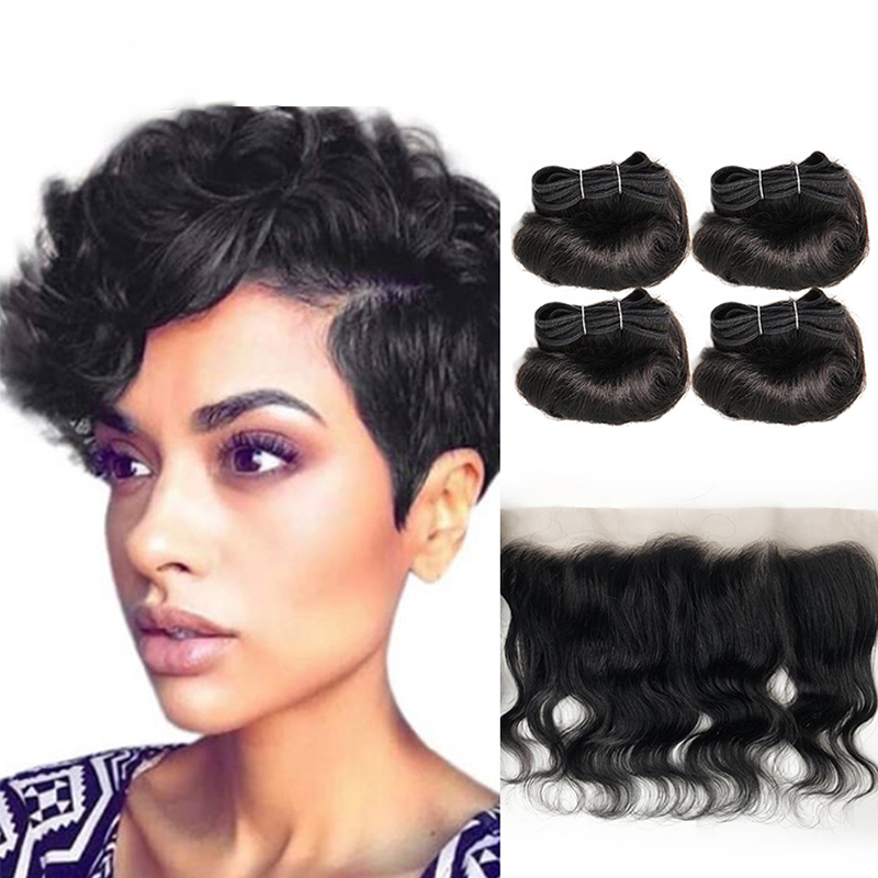 Pacotes curtos do cabelo humano com fechamento, onda brasileira do corpo, pre-arrancado transparente, 4x4, 13x4, T1b27 30