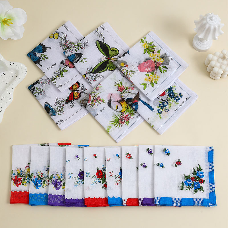 6Pcs Retro frauen Reine Baumwolle Gedruckt Taschentuch Antike Altmodische Nostalgische Dünne Saugfähigen Schweiß Handtuch 28*28cm