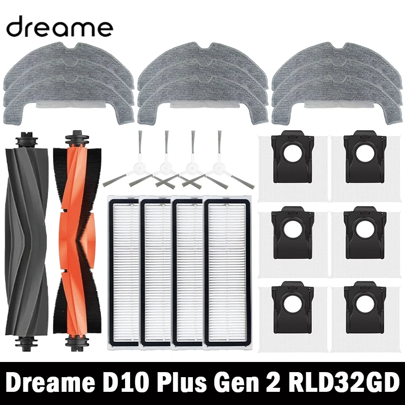 Dreame D10 Plus Gen 2 RLD32GD Robot Vacuum Spare Parts Consumables Main Side Brush Hepa Filter Mop Cloth Dust Bag Accessories