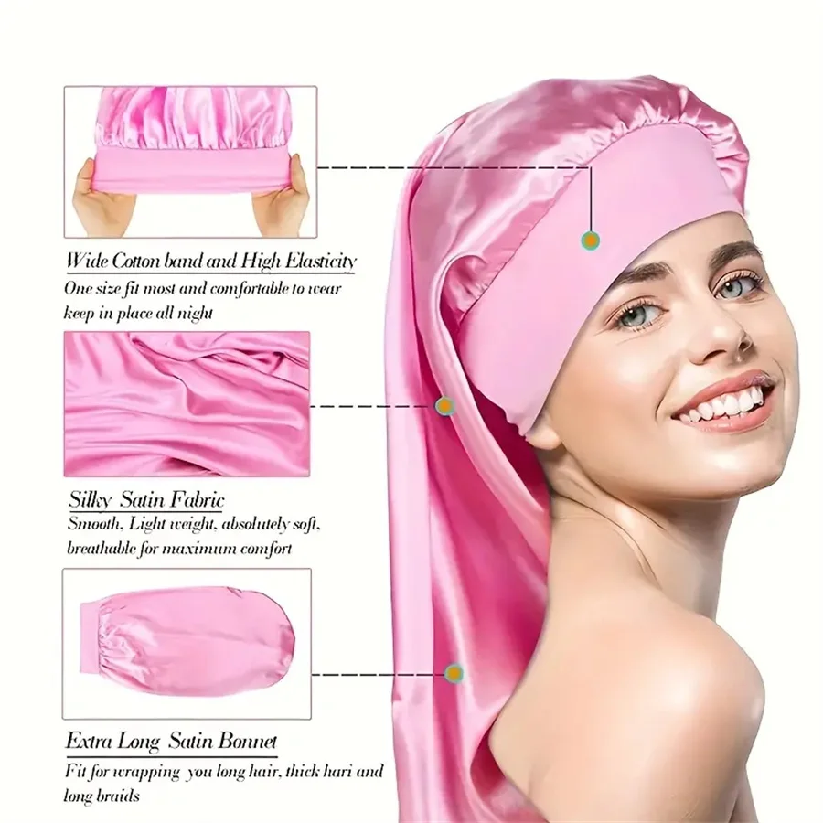 Novo feminino longo cetim gorro de dormir boné de dormir sedoso com faixa elástica larga cuidados com o cabelo turbante tranças cabelo encaracolado cabelo natural