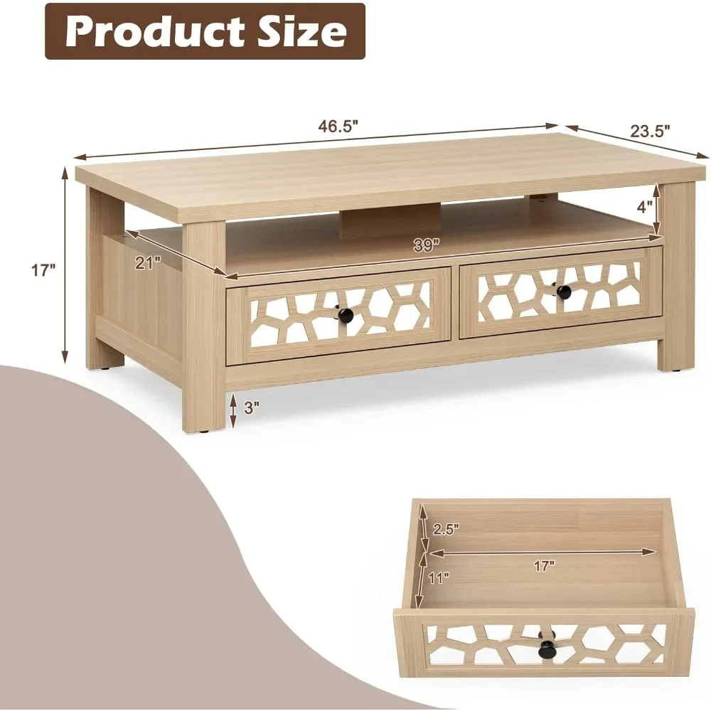 Mesa de centro de 2 niveles, mesa central rectangular de 46,5" con diseño de espejo acrílico, mesa de madera con tablero grande, estante abierto,