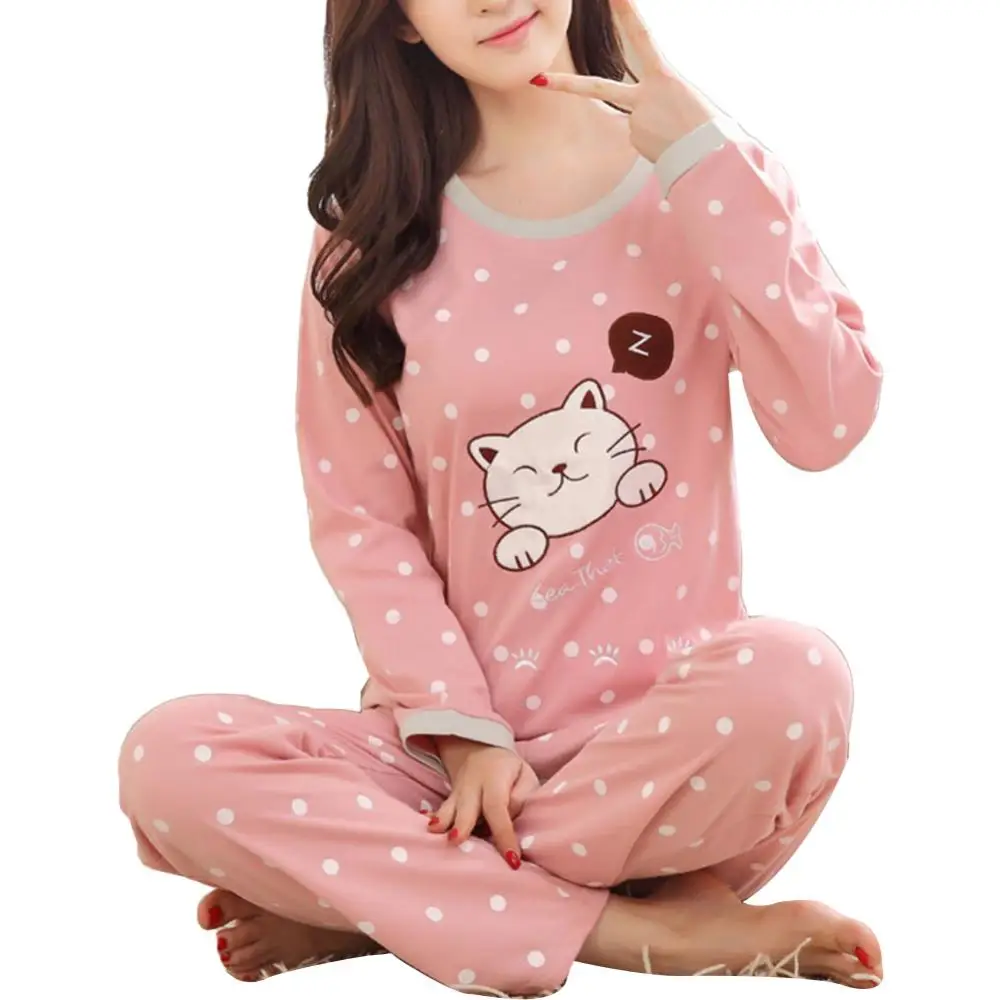 Traje de pijama rosa para mujer, Top con cuello redondo de animales de dibujos animados, pantalones largos, conjunto de pijama, ropa de dormir de otoño e invierno, conjunto de pijama para el hogar