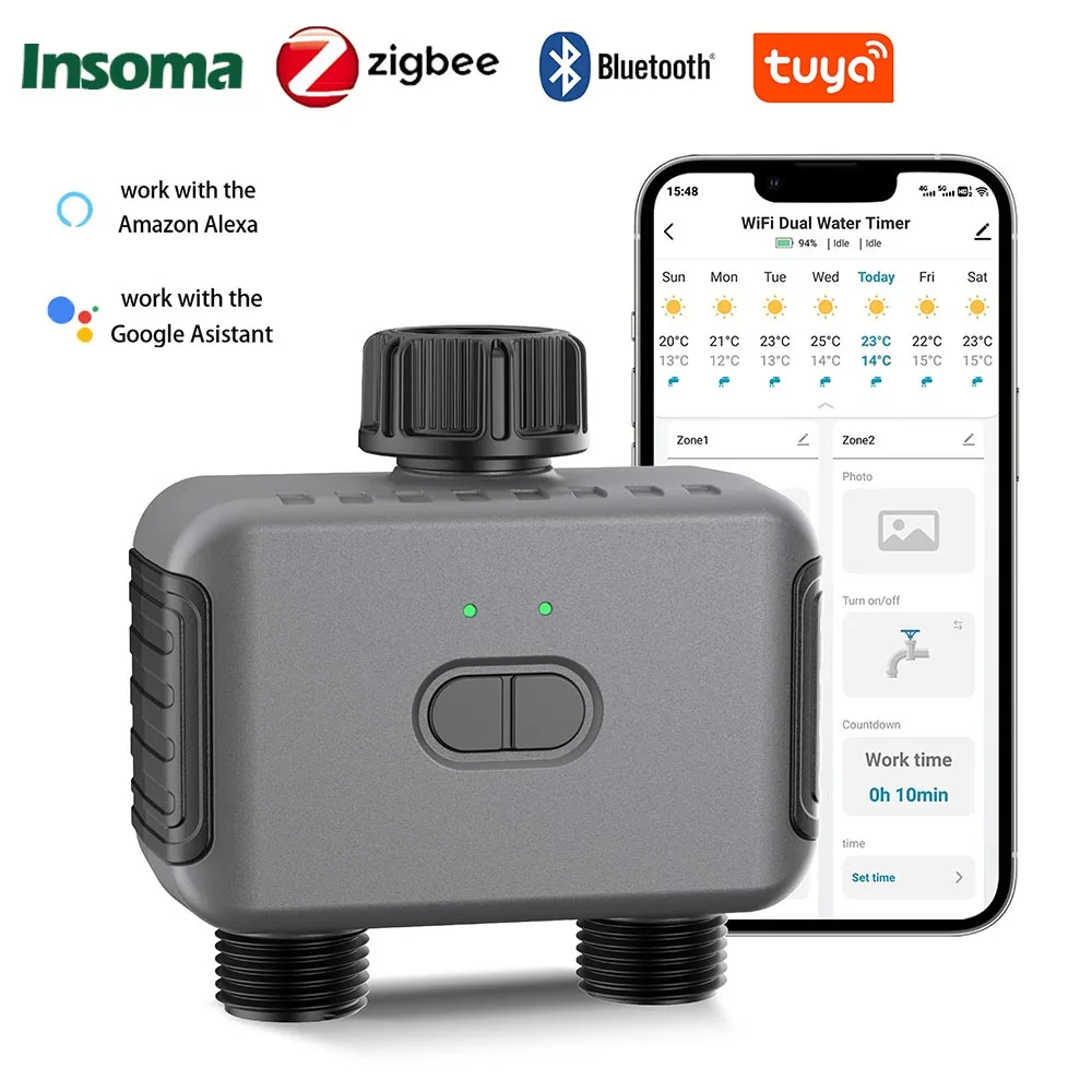 Zigbee/BT timer automatico dell'acqua doppio tubo sistema di irrigazione per irrigazione da giardino rubinetto irrigatore programmatore supporto Alexa IPX5