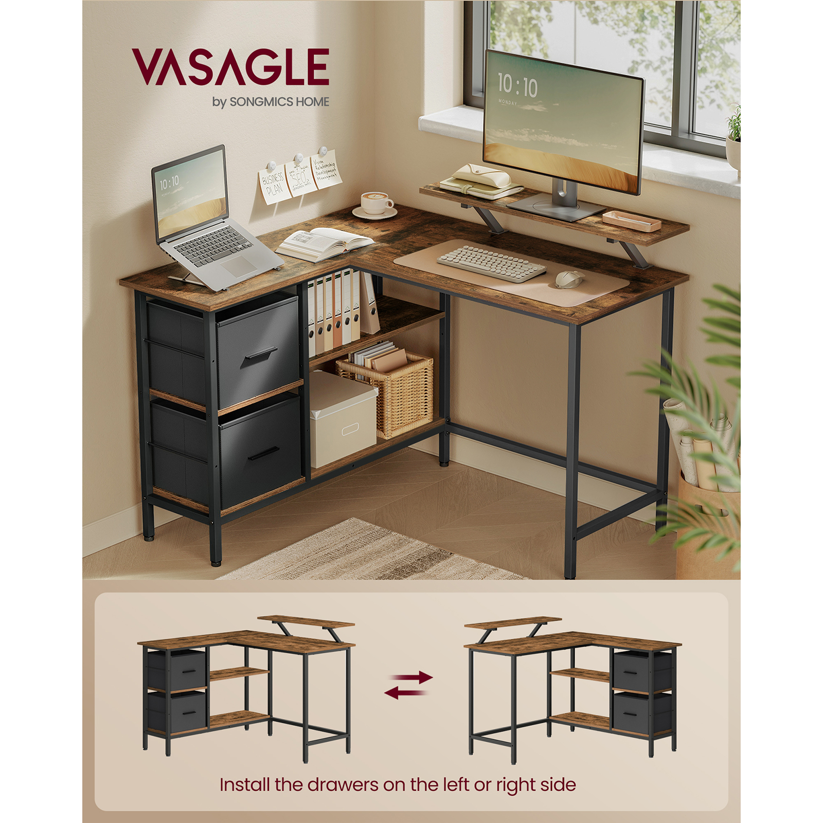 VASAGLE L-Shaped Desk with 2 Spacious Drawers, Gaming Desk with Monitor Stand, Corner Desk, Computer Desk, 115x105x89cm