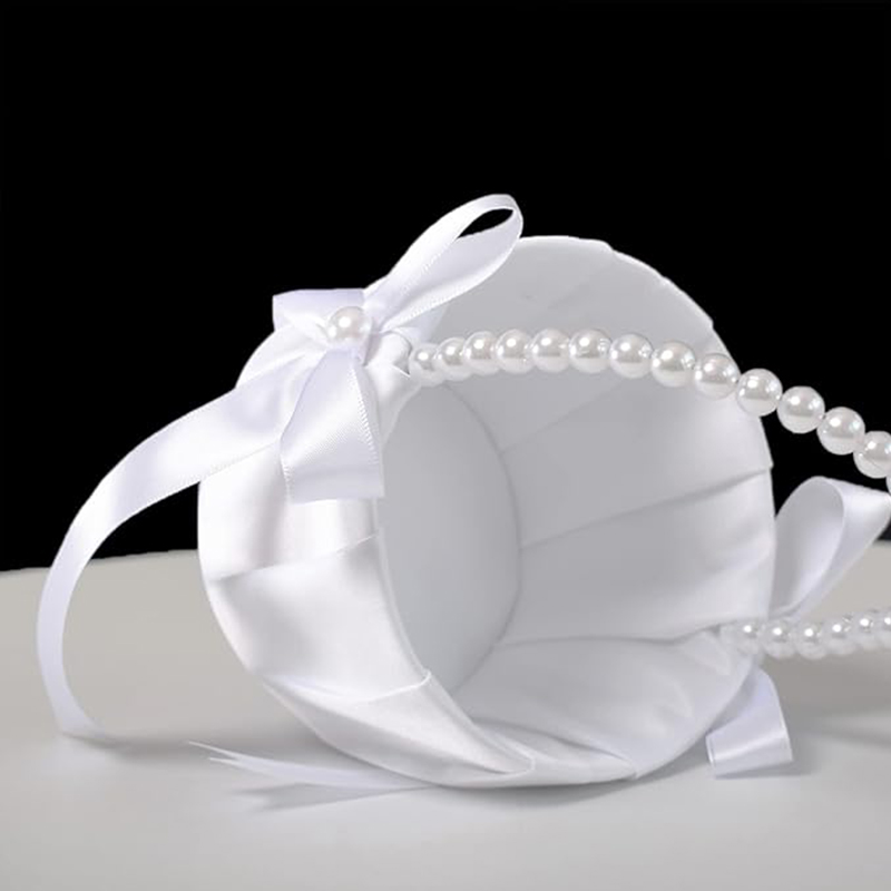 Hochzeit weiß Satin Bogen Blumen korb Blume Trage korb mit Perlen griff geeignet für Brautjungfern und Blumen mädchen