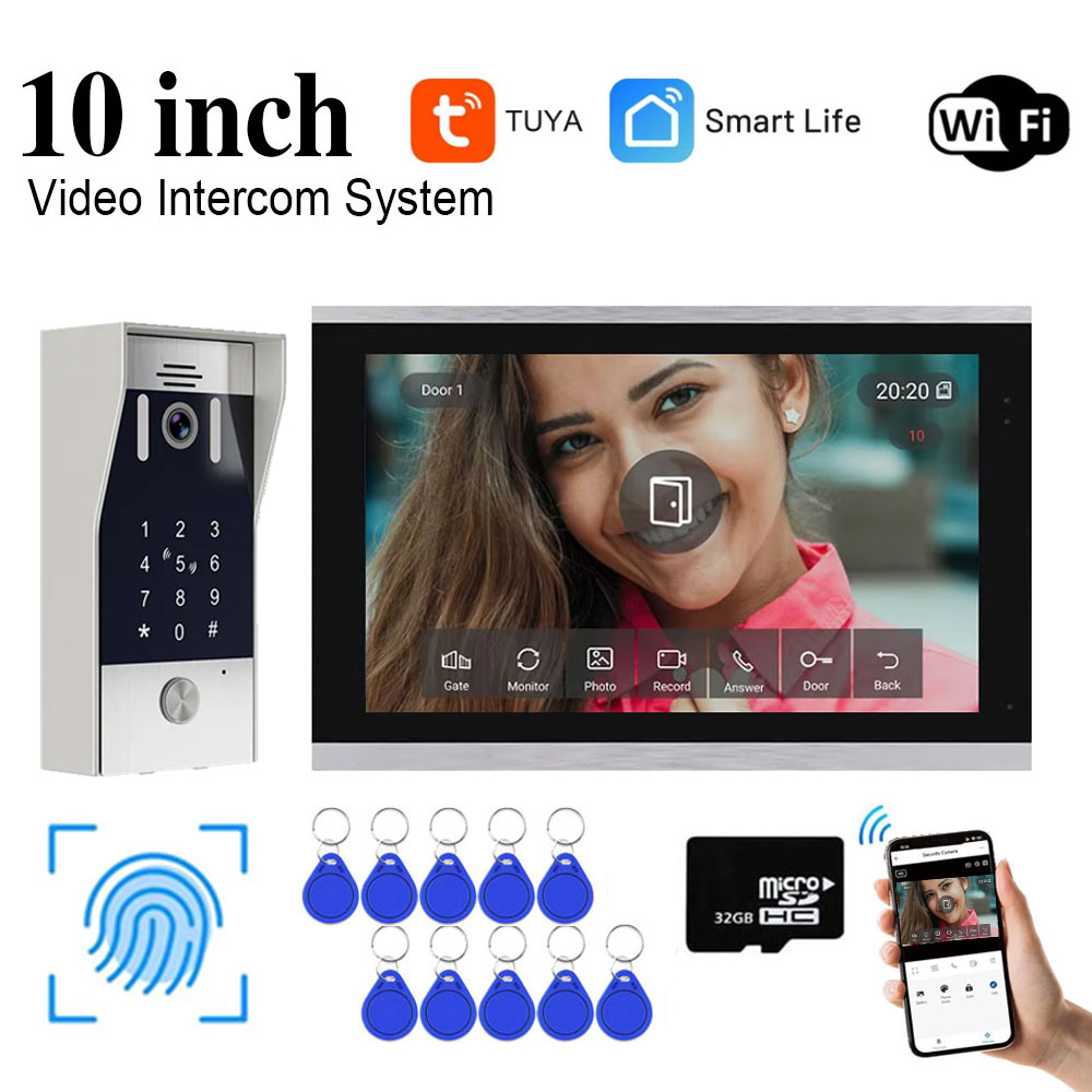 Новый 5в1 разблокировка по отпечатку пальца Tuya Smart 10-дюймовый Wi-Fi видеодомофонная система видеодомофон камера с детектором движения 1080P